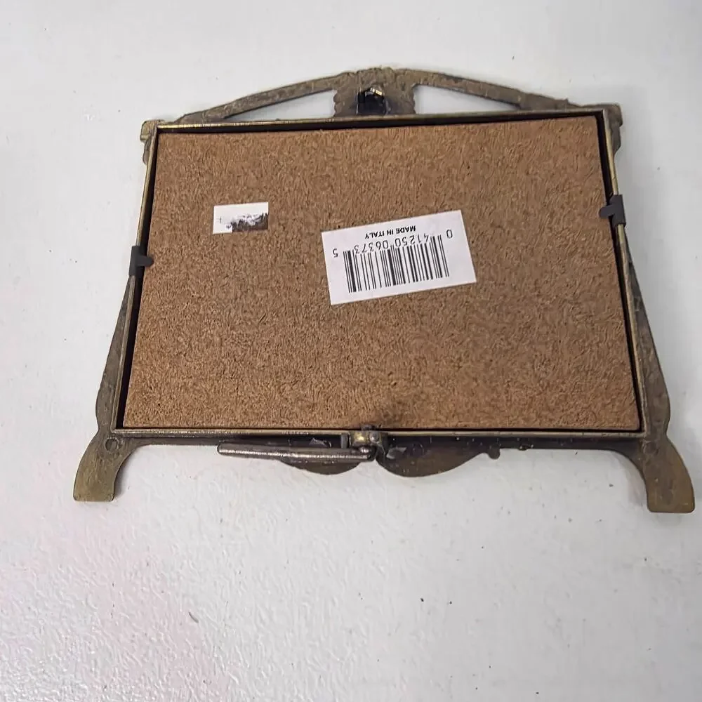 Ornate Double Picture Frame Bronze Tone Metal 2 Photo Italy Easel 2.75x3.5
